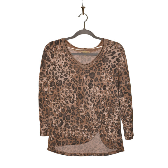 DEMOCRACY NEW $58 Rose Leopard Print V-Neck Twisted Top Taupe Small - Picture 1 of 3